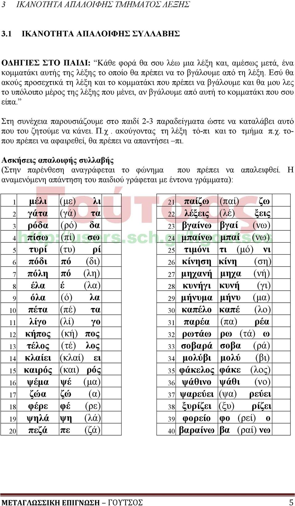 Εσύ θα ακούς προσεχτικά τη λέξη και το κομματάκι που πρέπει να βγάλουμε και θα μου λες το υπόλοιπο μέρος της λέξης που μένει, αν βγάλουμε από αυτή το κομματάκι που σου είπα.