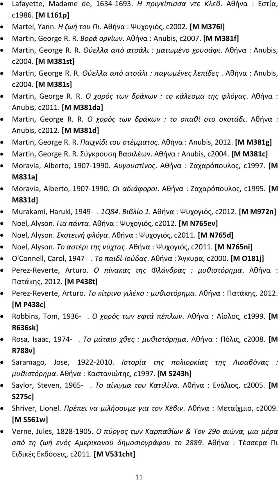 Αθήνα : Anubis, c2004. [M M381s] Martin, George R. R. Ο χορός των δράκων : το κάλεσμα της φλόγας. Αθήνα : Anubis, c2011. [M M381da] Martin, George R. R. Ο χορός των δράκων : το σπαθί στο σκοτάδι.