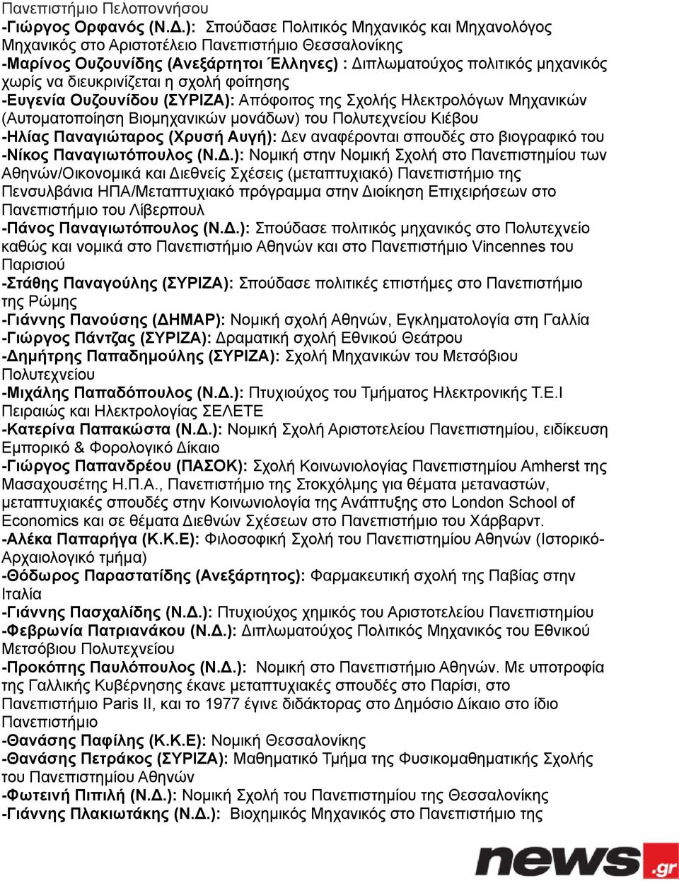 διευκρινίζεται η σχολή φοίτησης -Ευγενία Ουζουνίδου (ΣΥΡΙΖΑ): Απόφοιτος της Σχολής Ηλεκτρολόγων Μηχανικών (Αυτοματοποίηση Βιομηχανικών μονάδων) του Πολυτεχνείου Κιέβου -Ηλίας Παναγιώταρος (Χρυσή