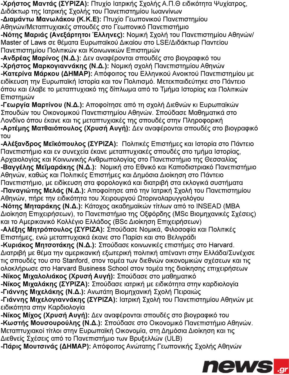 Ευρωπαϊκού ικαίου στο LSE/ ιδάκτωρ Παντείου Πανεπιστημίου Πολιτικών και Κοινωνικών Επιστημών -Ανδρέας Μαρίνος (Ν..): εν αναφέρονται σπουδές στο βιογραφικό του -Χρήστος Μαρκογιαννάκης (Ν.