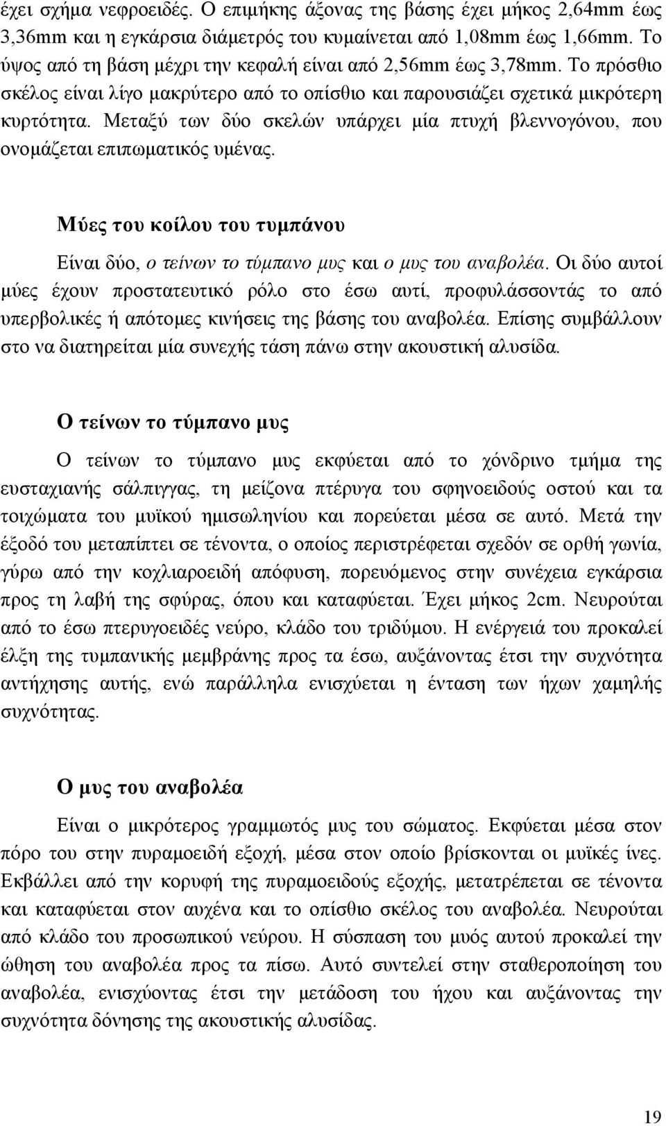 Μεταξύ των δύο σκελών υπάρχει µία πτυχή βλεννογόνου, που ονοµάζεται επιπωµατικός υµένας. Μύες του κοίλου του τυµπάνου Είναι δύο, ο τείνων το τύµπανο µυς και ο µυς του αναβολέα.