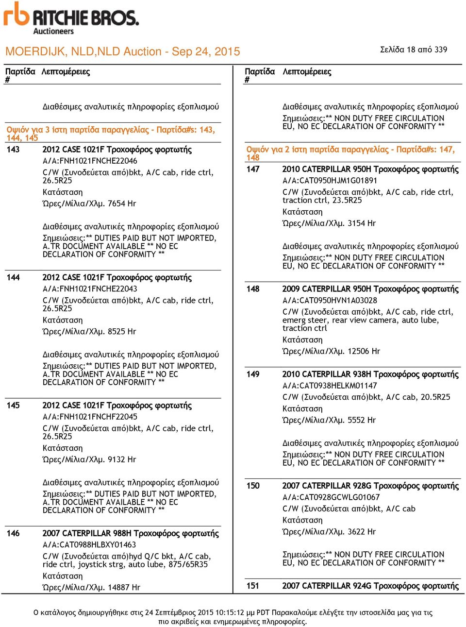 TR DOCUMENT AVAILABLE ** NO EC DECLARATION OF 144 2012 CASE 1021F Τροχοφόρος φορτωτής Α/Α:FNH1021FNCHE22043 C/W (Συνοδεύεται από)bkt, A/C cab, ride ctrl, 26.5R25 Ώρες/Μίλια/Χλμ.