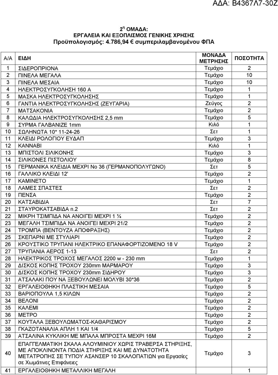 ΗΛΕΚΤΡΟΣΥΓΚΟΛΗΣΗΣ Τεμάχιο 1 6 ΓΑΝΤΙΑ ΗΛΕΚΤΡΟΣΥΓΚΟΛΗΣΗΣ (ΖΕΥΓΑΡΙΑ) Ζεύγος 2 7 ΜΑΤΣΑΚΟΝΙΑ Τεμάχιο 2 8 ΚΑΛΩΔΙΑ ΗΛΕΚΤΡΟΣΥΓΚΟΛΗΣΗΣ 2,5 mm Τεμάχιο 5 9 ΣΥΡΜΑ ΓΑΛΒΑΝΙΖΕ 1mm Κιλό 1 10 ΣΩΛΗΝΩΤΑ 10* 11-24-26