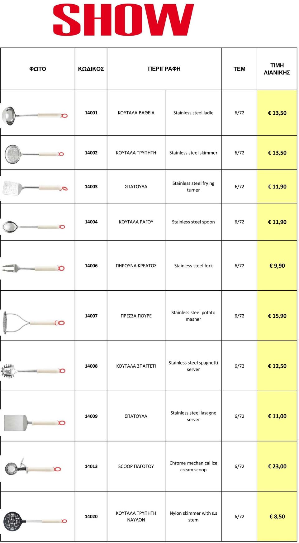 ΠΟΥΡΕ Stainless steel potato masher 6/72 15,90 14008 ΚΟΥΤΑΛΑ ΣΠΑΓΓΕΤΙ Stainless steel spaghetti server 6/72 12,50 14009 ΣΠΑΤΟΥΛΑ Stainless steel