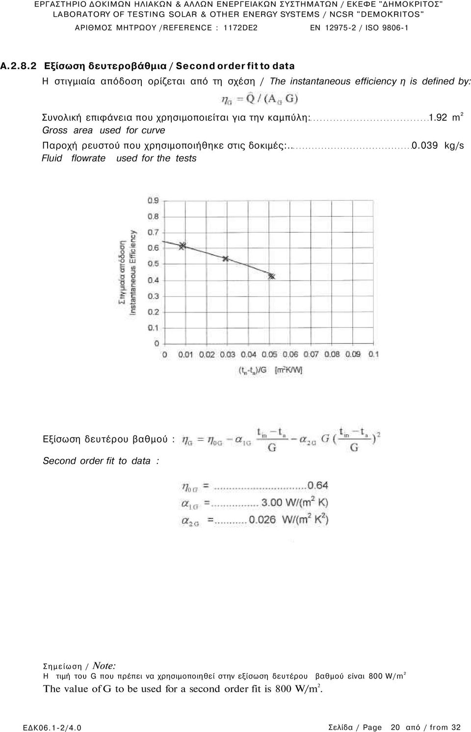 2 Εξίσωση δευτεροβάθμια / Second order fit to data Η στιγμιαία απόδοση ορίζεται από τη σχέση / The instantaneous efficiency η is defined by: Συνολική επιφάνεια που