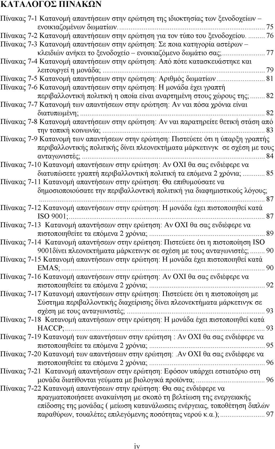 ..77 Πίνακας 7-4 Κατανομή απαντήσεων στην ερώτηση: Από πότε κατασκευάστηκε και λειτουργεί η μονάδα;...79 Πίνακας 7-5 Κατανομή απαντήσεων στην ερώτηση: Αριθμός δωματίων.