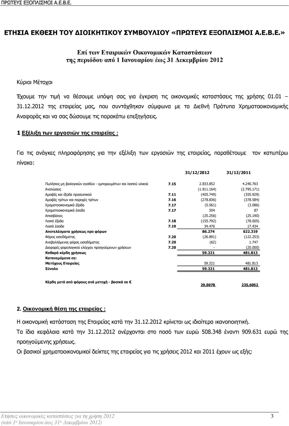 1 Εξέλιξη των εργασιών της εταιρείας : Για τις ανάγκες πληροφόρησης για την εξέλιξη των εργασιών της εταιρείας, παραθέτουµε τον κατωτέρω πίνακα: 31/12/2012 31/12/2011 Πωλήσεις µη βιολογικών αγαθών -