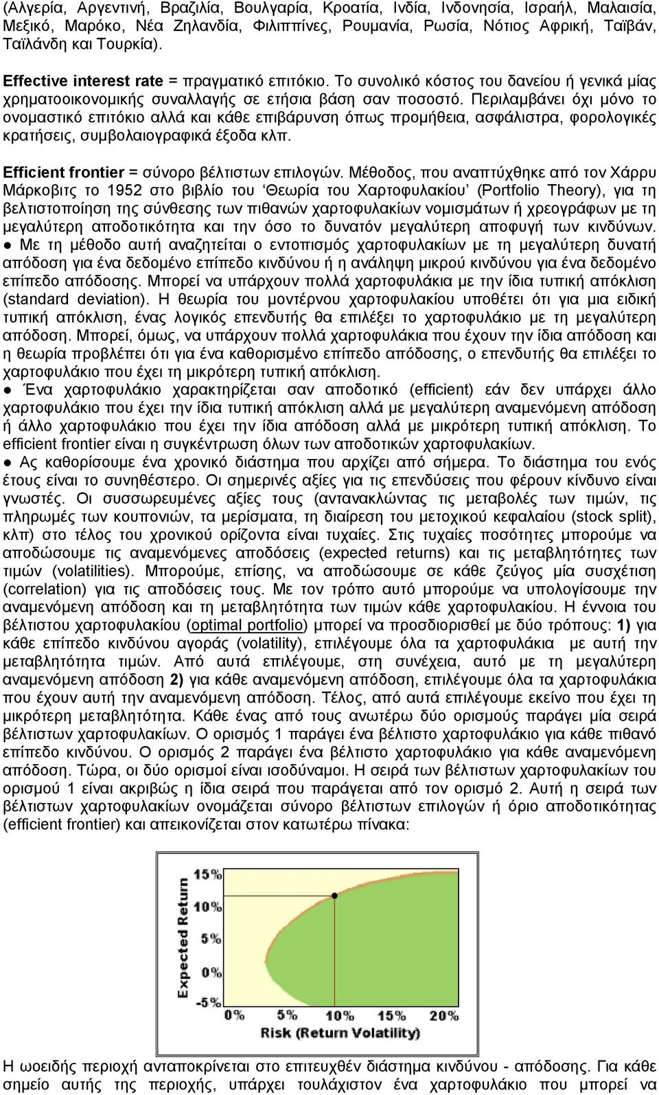 Περιλαμβάνει όχι μόνο το ονομαστικό επιτόκιο αλλά και κάθε επιβάρυνση όπως προμήθεια, ασφάλιστρα, φορολογικές κρατήσεις, συμβολαιογραφικά έξοδα κλπ. Efficient frontier = σύνορο βέλτιστων επιλογών.