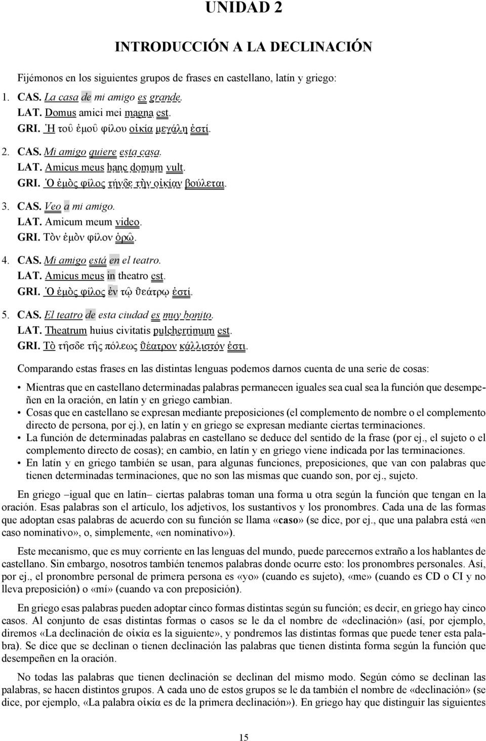 GRI. ΤÎν μîν nίλον Òρä. 4. CAS. Mi amigo está en el teatro. LAT. Amicus meus in theatro est. GRI. {Ο μîς nίλος ν τè hgάτρå στί. 5. CAS. El teatro de esta ciudad es muy bonito. LAT. Theatrum huius civitatis pulcherrimum est.