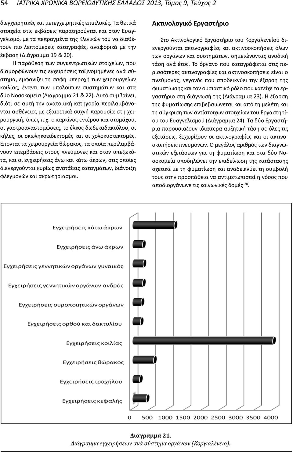 Η παράθεση των συγκεντρωτικών στοιχείων, που διαμορφώνουν τις εγχειρήσεις ταξινομημένες ανά σύστημα, εμφανίζει τη σαφή υπεροχή των χειρουργείων κοιλίας, έναντι των υπολοίπων συστημάτων και στα δύο