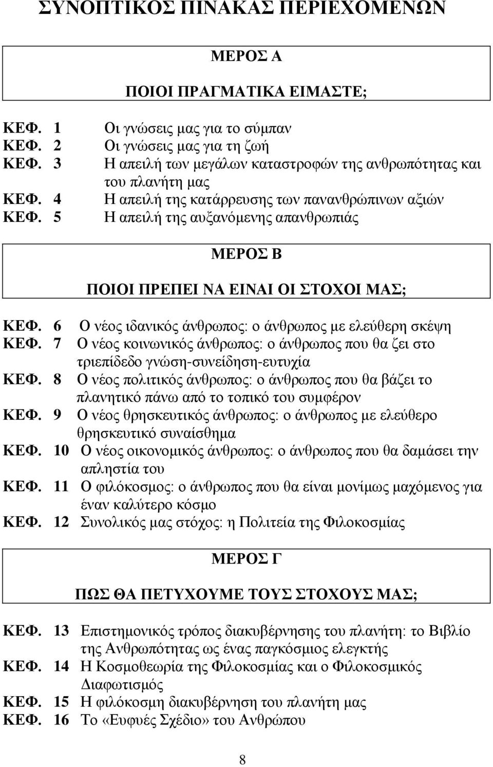 αυξανόμενης απανθρωπιάς ΜΕΡΟΣ Β ΠΟΙΟΙ ΠΡΕΠΕΙ ΝΑ ΕΙΝΑΙ ΟΙ ΣΤΟΧΟΙ ΜΑΣ; ΚΕΦ. 6 Ο νέος ιδανικός άνθρωπος: ο άνθρωπος με ελεύθερη σκέψη ΚΕΦ.