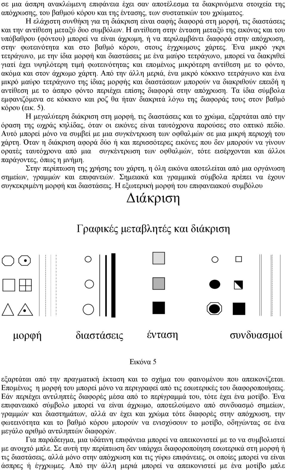 Η αντίθεση στην ένταση µεταξύ της εικόνας και του υπόβαθρου (φόντου) µπορεί να είναι άχρωµη, ή να περιλαµβάνει διαφορά στην απόχρωση, στην φωτεινότητα και στο βαθµό κόρου, στους έγχρωµους χάρτες.