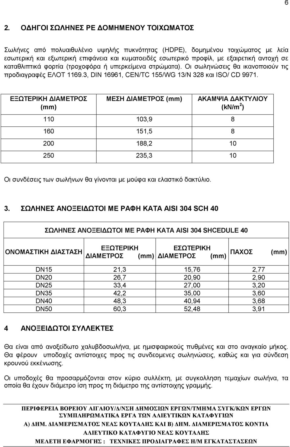 ΕΞΩΤΕΡΙΚΗ ΔΙΑΜΕΤΡΟΣ (mm) ΜΕΣΗ ΔΙΑΜΕΤΡΟΣ (mm) ΑΚΑΜΨΙΑ ΔΑΚΤΥΛΙΟΥ (kn/m 2 ) 110 103,9 8 160 151,5 8 200 188,2 10 250 235,3 10 Οι συνδέσεις των σωλήνων θα γίνονται με μούφα και ελαστικό δακτύλιο. 3.