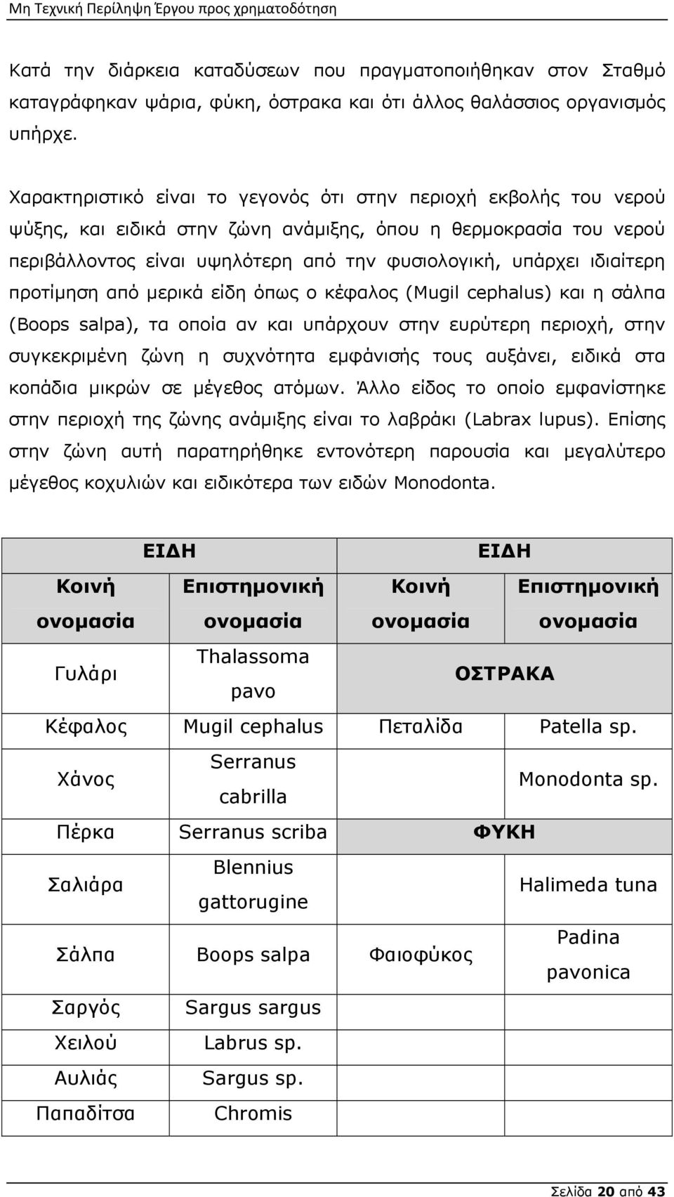 ιδιαίτερη προτίμηση από μερικά είδη όπως ο κέφαλος (Mugil cephalus) και η σάλπα (Boops salpa), τα οποία αν και υπάρχουν στην ευρύτερη περιοχή, στην συγκεκριμένη ζώνη η συχνότητα εμφάνισής τους