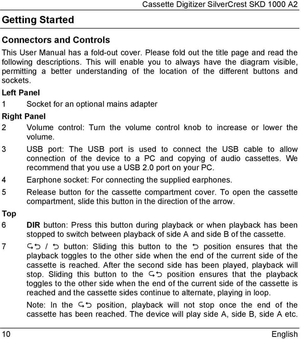 Left Panel 1 Socket for an optional mains adapter Right Panel 2 Volume control: Turn the volume control knob to increase or lower the volume.