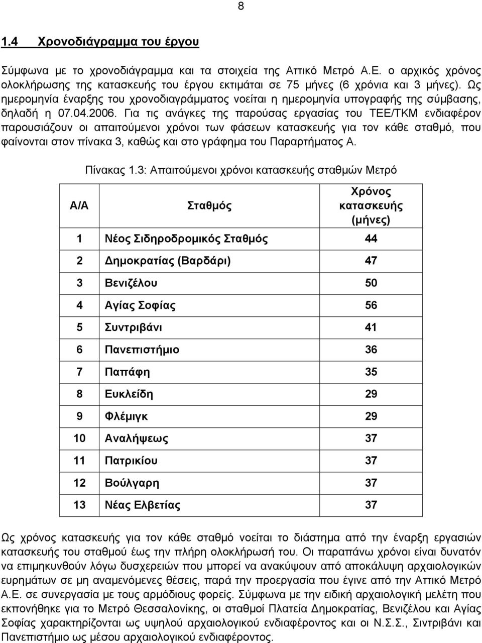 Για τις ανάγκες της παρούσας εργασίας του ΤΕΕ/ΤΚΜ ενδιαφέρον παρουσιάζουν οι απαιτούμενοι χρόνοι των φάσεων κατασκευής για τον κάθε σταθμό, που φαίνονται στον πίνακα 3, καθώς και στο γράφημα του