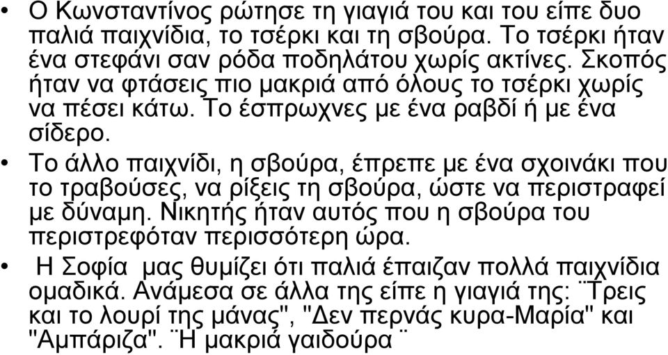 Το άλλο παιχνίδι, η σβούρα, έπρεπε με ένα σχοινάκι που το τραβούσες, να ρίξεις τη σβούρα, ώστε να περιστραφεί με δύναμη.