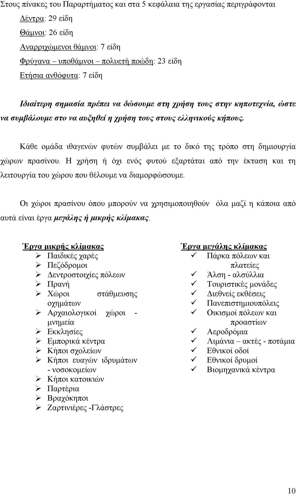 Κάθε ομάδα ιθαγενών φυτών συμβάλει με το δικό της τρόπο στη δημιουργία χώρων πρασίνου. Η χρήση ή όχι ενός φυτού εξαρτάται από την έκταση και τη λειτουργία του χώρου που θέλουμε να διαμορφώσουμε.