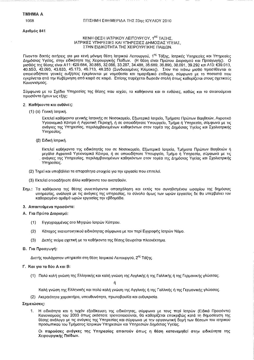 Διορισμού και Προαγωγής), Ο μισθός της Θέσης είναι Α11: 29.684, 30.885, 32.086, 33.287, 34.488,35.689, 36,890, 38.091, 39,292 και Α13: 39.013, 40.553, 42,093, 43.633, 45.173, 46.