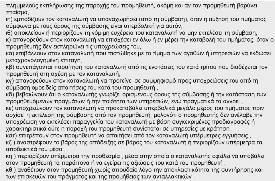 μέρει την καταβολή του τιμήματος, όταν ο προμηθευτής δεν εκπληρώνει τις υποχρεώσεις του, κα) επιβάλλουν στον καταναλωτή που πιστώθηκε με το τίμημα των αγαθών ή υπηρεσιών να εκδώσει μεταχρονολογημένη