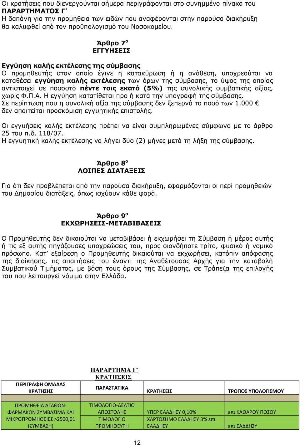 Άρθρο 7 ο ΕΓΓΥΗΣΕΙΣ Εγγύηση καλής εκτέλεσης της σύμβασης Ο προμηθευτής στον οποίο έγινε η κατακύρωση ή η ανάθεση, υποχρεούται να καταθέσει εγγύηση καλής εκτέλεσης των όρων της σύμβασης, το ύψος της