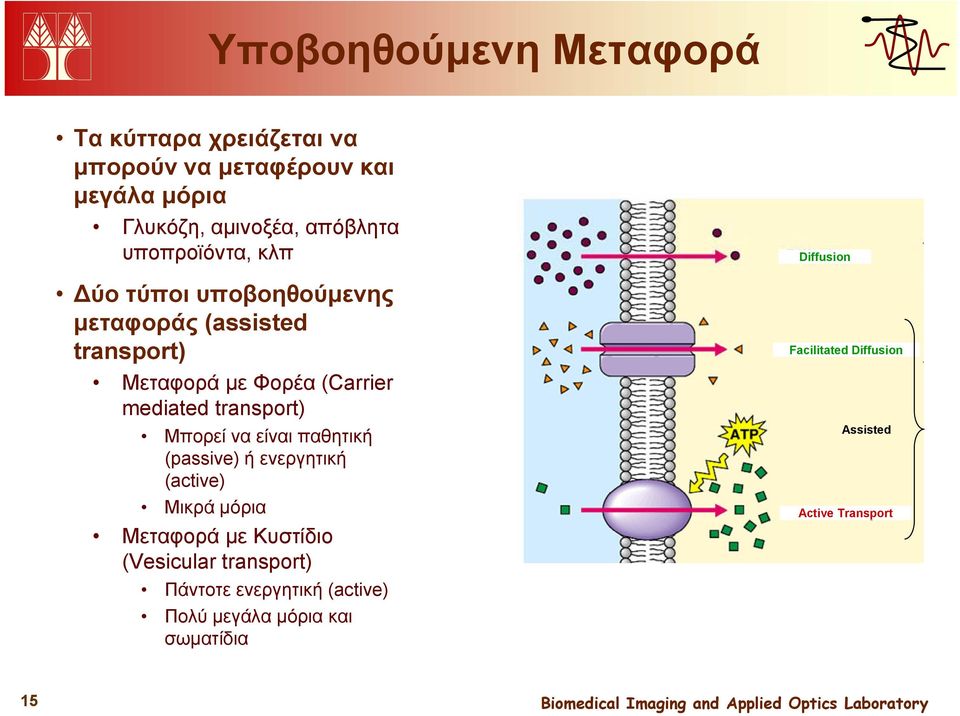 transport) Μπορεί να είναι παθητική (passive) ή ενεργητική (active) Μικρά μόρια Μεταφορά με Κυστίδιο (Vesicular