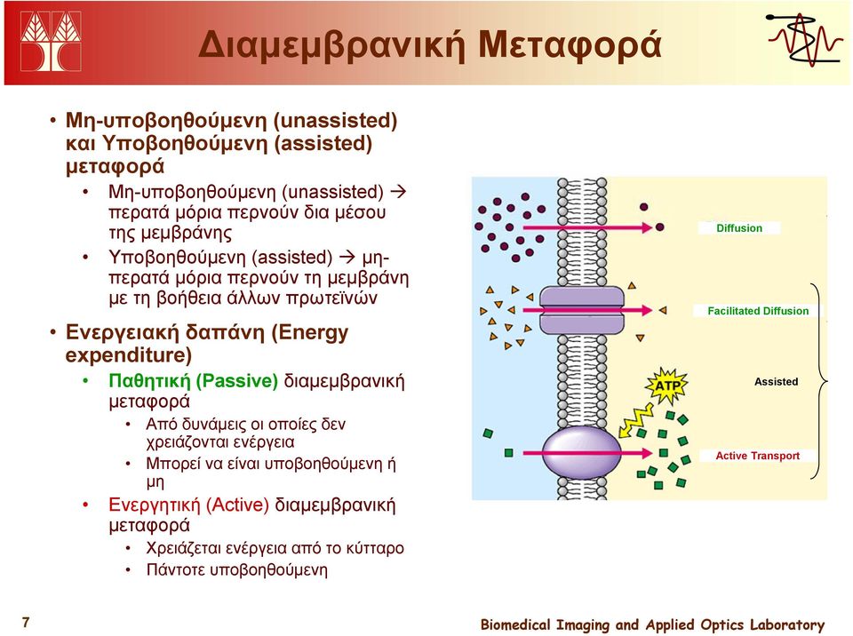 expenditure) Παθητική (Passive) διαμεμβρανική μεταφορά Από δυνάμεις οι οποίες δεν χρειάζονται ενέργεια Μπορεί να είναι υποβοηθούμενη ή μη