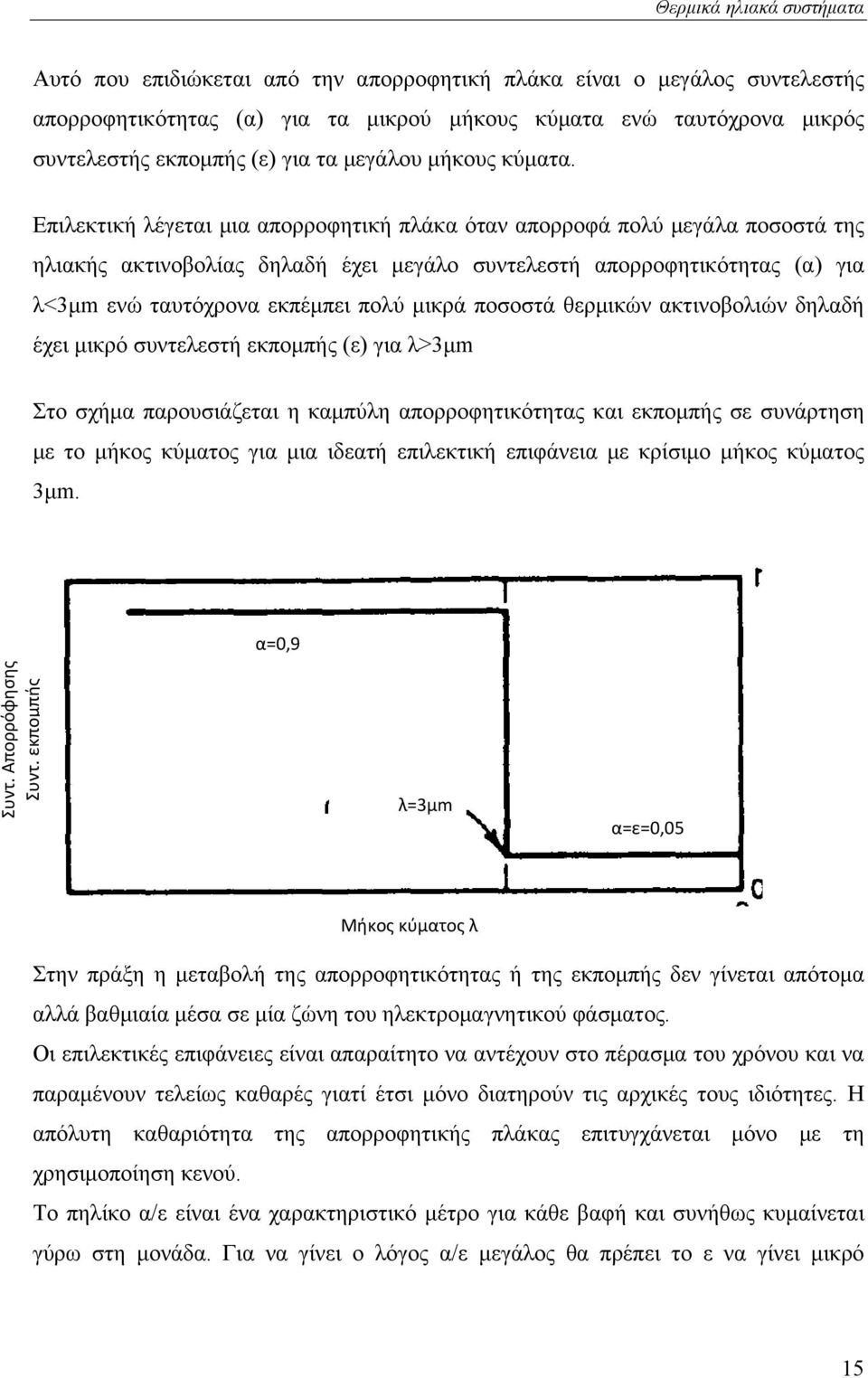 Επιλεκτική λέγεται μια απορροφητική πλάκα όταν απορροφά πολύ μεγάλα ποσοστά της ηλιακής ακτινοβολίας δηλαδή έχει μεγάλο συντελεστή απορροφητικότητας (α) για λ<3μm ενώ ταυτόχρονα εκπέμπει πολύ μικρά