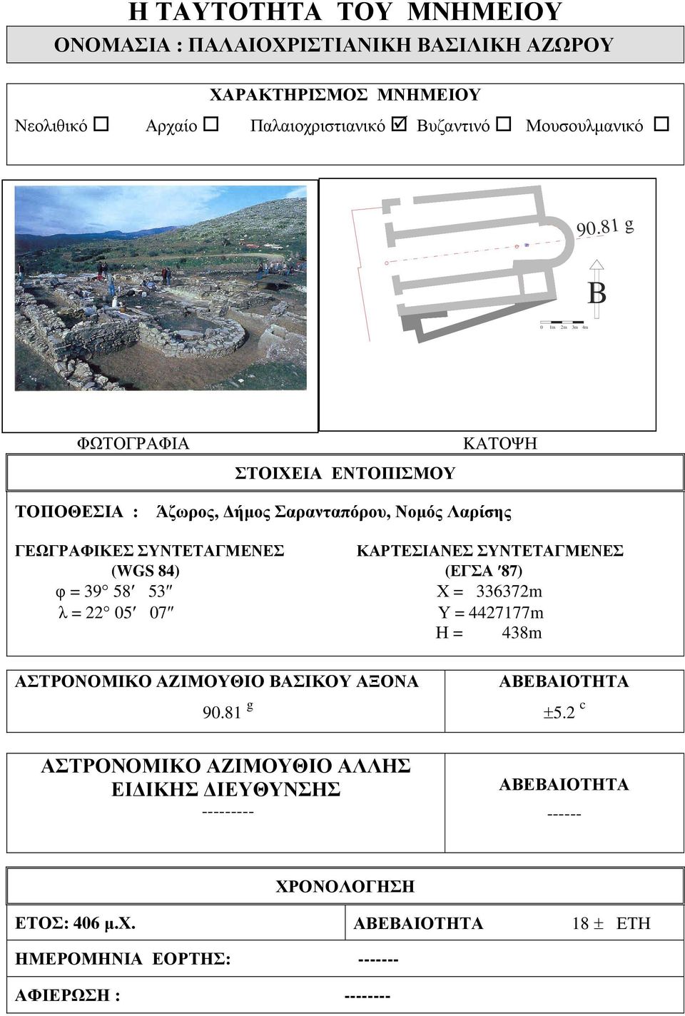 ΣΥΝΤΕΤΑΓΜΕΝΕΣ (WGS 84) (ΕΓΣΑ 87) φ = 39 58 53 Χ = 336372m λ = 22 05 07 Υ = 4427177m Η = 438m ΑΣΤΡΟΝΟΜΙΚΟ ΑΖΙΜΟΥΘΙΟ ΒΑΣΙΚΟΥ ΑΞΟΝΑ ΑΒΕΒΑΙΟΤΗΤΑ 90.81 g ±5.