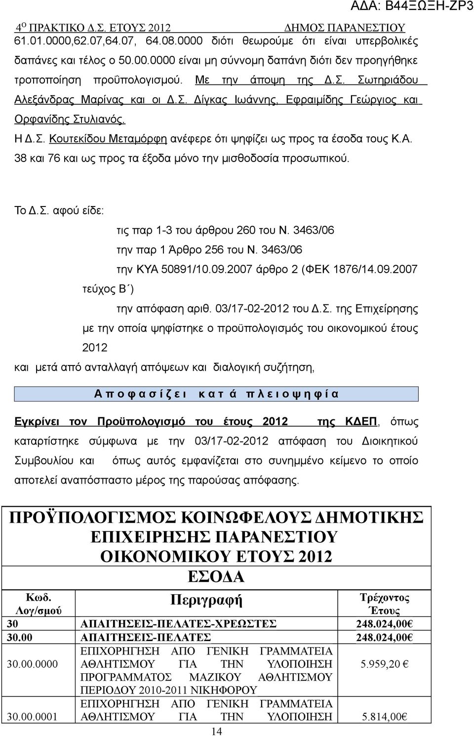 Το Δ.Σ. αφού είδε: τις παρ 1-3 του άρθρου 260 του Ν. 3463/06 την παρ 1 Άρθρο 256 του Ν. 3463/06 την ΚΥΑ 50891/10.09.2007 άρθρο 2 (ΦΕΚ 1876/14.09.2007 τεύχος Β ) την απόφαση αριθ. 03/17-02-2012 του Δ.