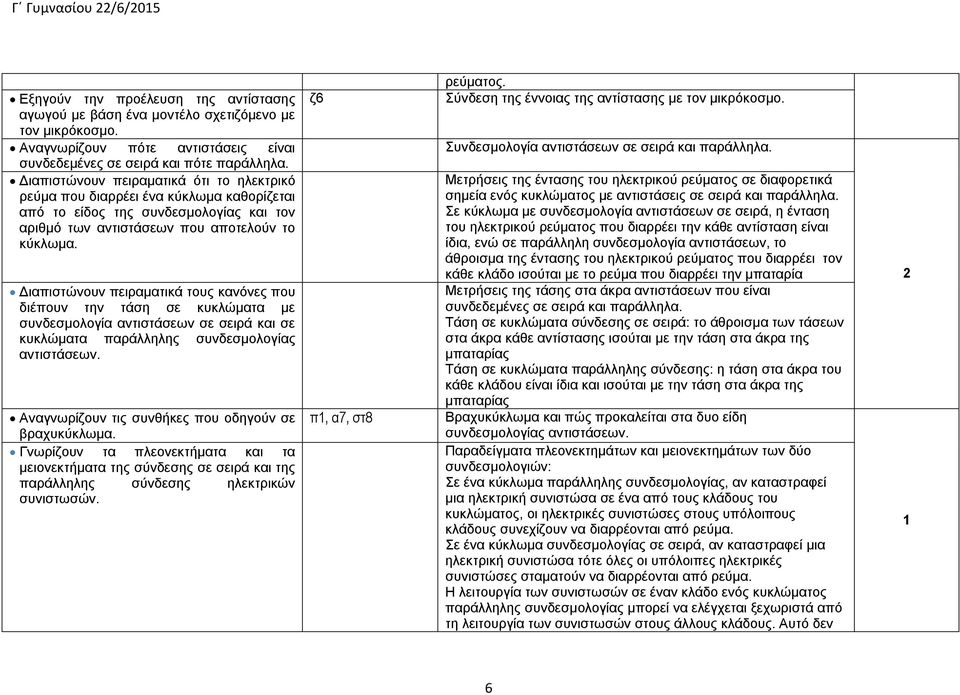 Διαπιστώνουν πειραματικά τους κανόνες που διέπουν την τάση σε κυκλώματα με συνδεσμολογία αντιστάσεων σε σειρά και σε κυκλώματα παράλληλης συνδεσμολογίας αντιστάσεων.