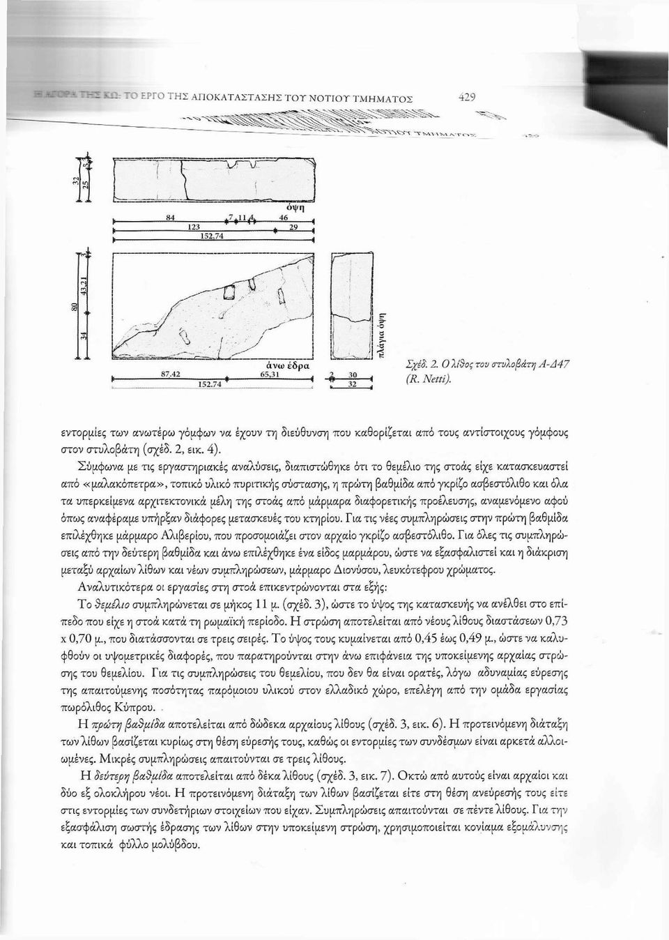 υπερκείμενα αρχιτεκτονικά μέλη της στοάς από μάρμαρα διαφορετικής προέλευσης, αναμενόμενο αφού όπως αναφέραμε υπήρξαν διάφορες μετασκευές του κτηρίου.