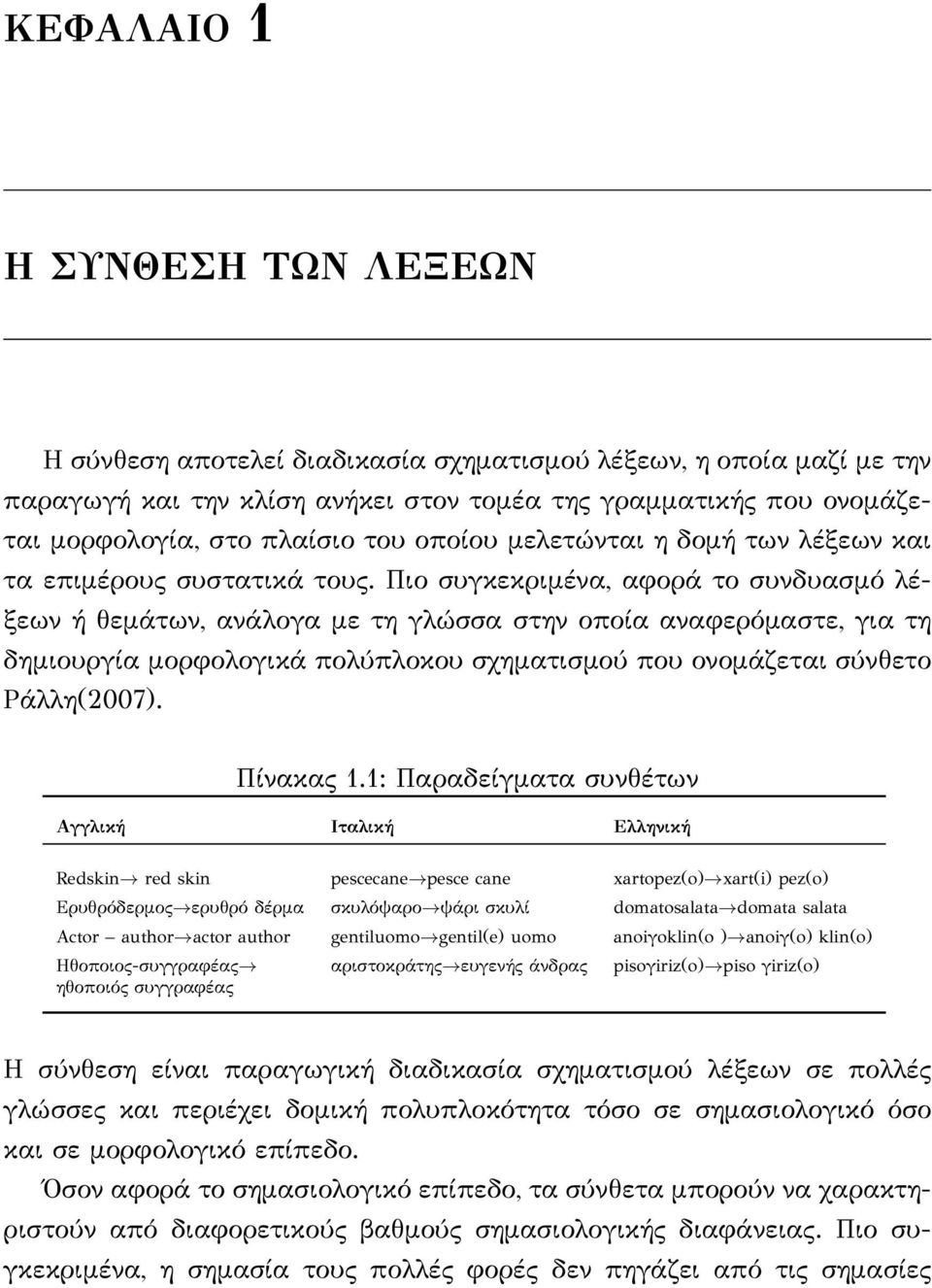 Πιο συγκεκριμένα, αφορά το συνδυασμό λέξεων ή θεμάτων, ανάλογα με τη γλώσσα στην οποία αναφερόμαστε, για τη δημιουργία μορφολογικά πολύπλοκου σχηματισμού που ονομάζεται σύνθετο Ράλλη(2007). Πίνακας 1.