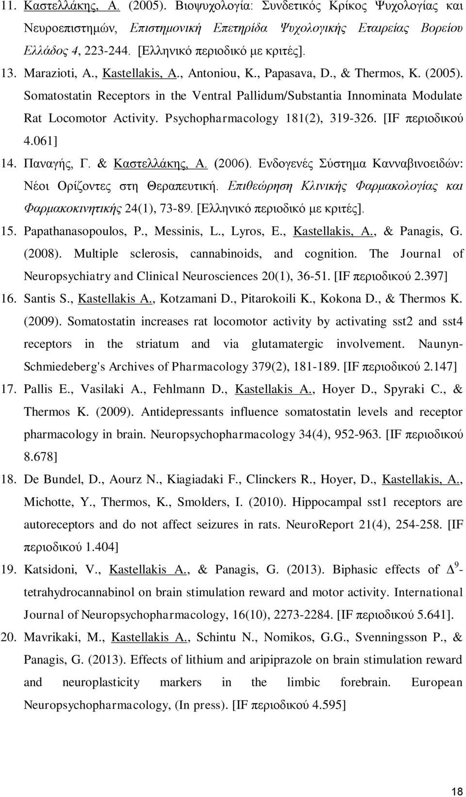 Psychopharmacology 181(2), 319-326. [IF περιοδικού 4.061] 14. Παναγής, Γ. & Καστελλάκης, Α. (2006). Ενδογενές Σύστημα Κανναβινοειδών: Νέοι Ορίζοντες στη Θεραπευτική.