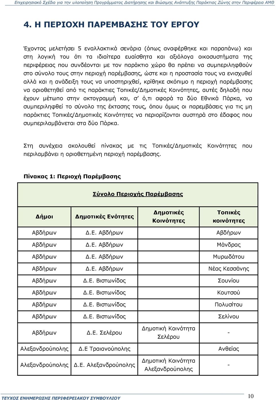 περιοχή παρέμβασης να οριοθετηθεί από τις παράκτιες Τοπικές/Δημοτικές Κοινότητες, αυτές δηλαδή που έχουν μέτωπο στην ακτογραμμή και, σ ό,τι αφορά τα δύο Εθνικά Πάρκα, να συμπεριληφθεί το σύνολο της