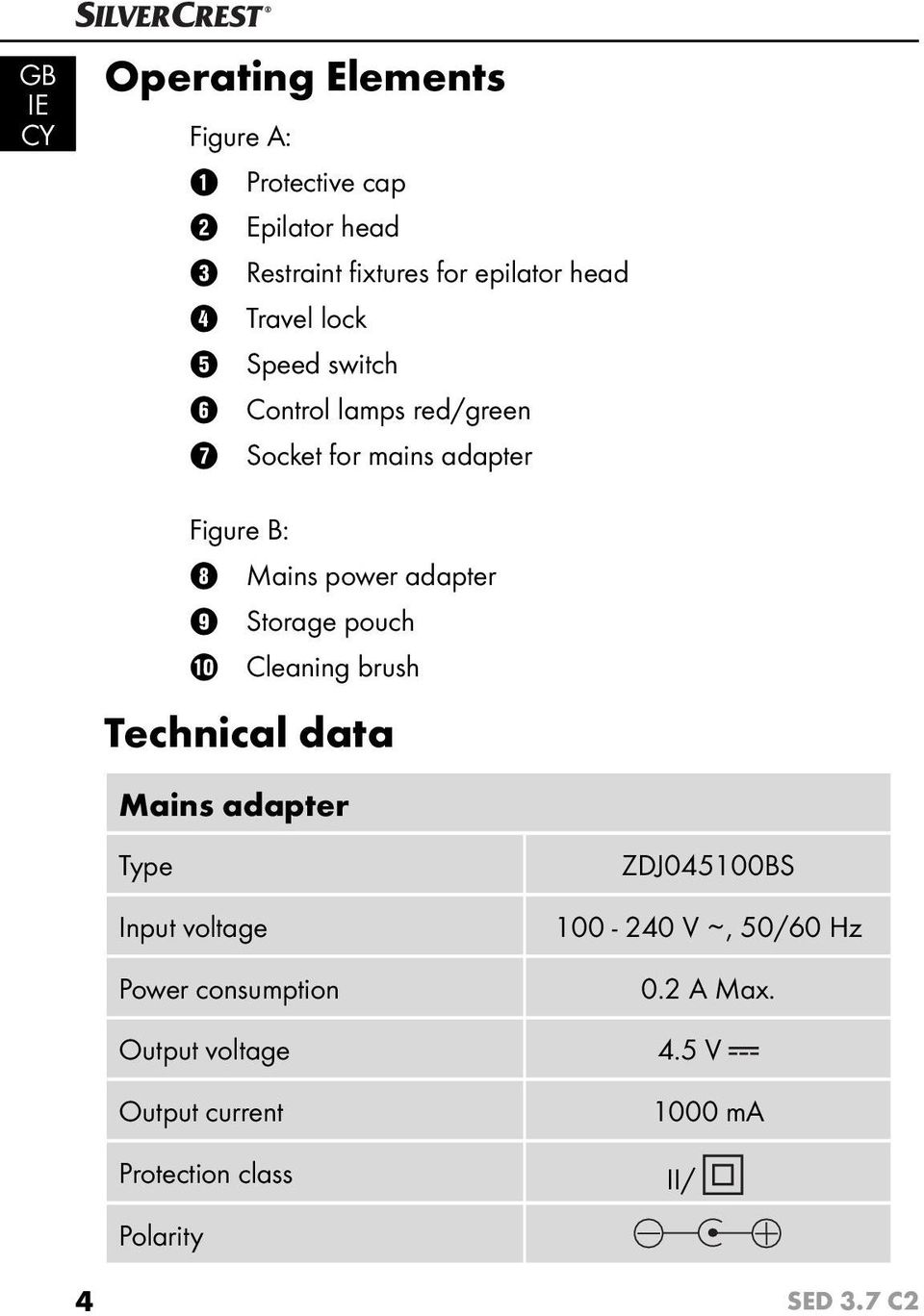 9 Storage pouch 0 Cleaning brush Technical data Mains adapter Type Input voltage Power consumption Output