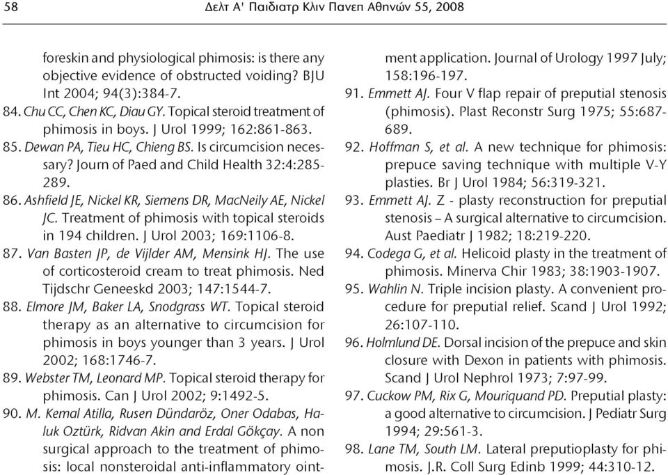 Ashfield JE, Nickel KR, Siemens DR, MacNeily AE, Nickel JC. Treatment of phimosis with topical steroids in 194 children. J Urol 2003; 169:1106-8. 87. Van Basten JP, de Vijlder AM, Mensink HJ.