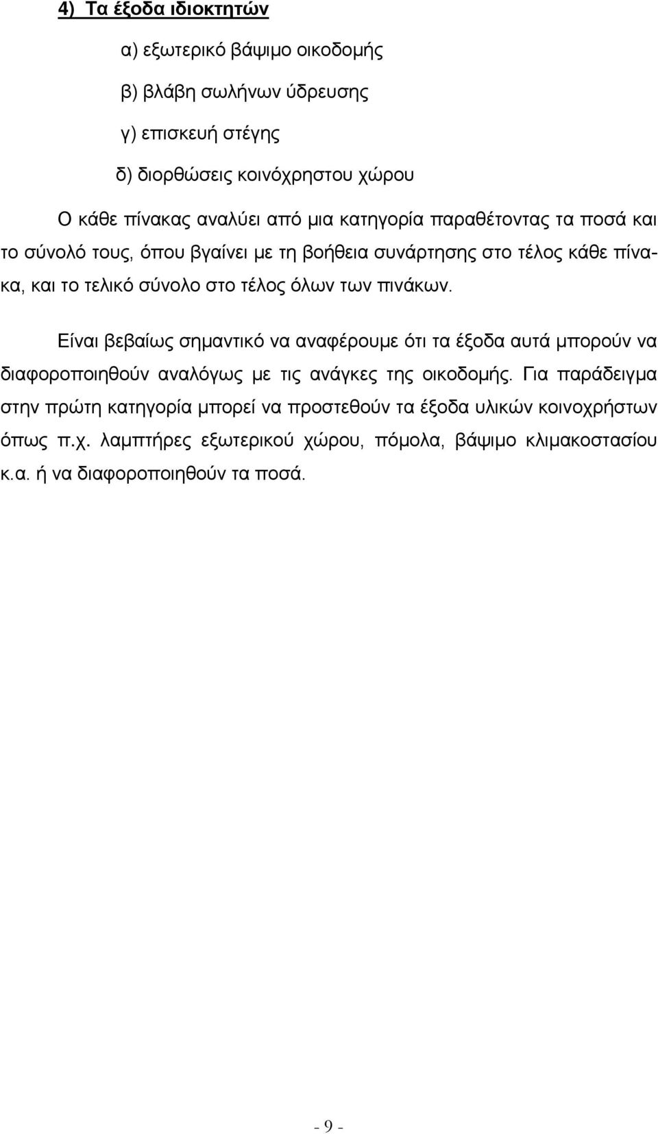 πινάκων. Είναι βεβαίως σημαντικό να αναφέρουμε ότι τα έξοδα αυτά μπορούν να διαφοροποιηθούν αναλόγως με τις ανάγκες της οικοδομής.