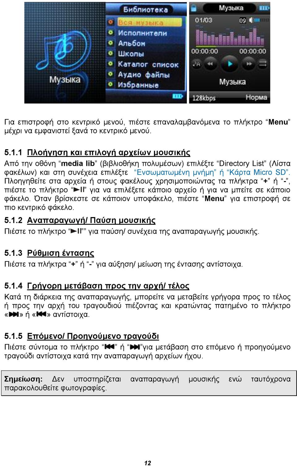 Πλοηγηθείτε στα αρχεία ή στους φακέλους χρησιμοποιώντας τα πλήκτρα + ή -, πιέστε το πλήκτρο για να επιλέξετε κάποιο αρχείο ή για να μπείτε σε κάποιο φάκελο.