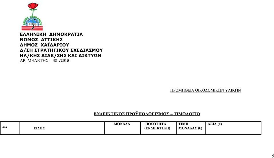 ΜΕΛΕΤΗΣ: 38 /2015 ΠΡΟΜΗΘΕΙΑ ΟΙΚΟΔΟΜΙΚΩΝ ΥΛΙΚΩΝ ΕΝΔΕΙΚΤΙΚΟΣ