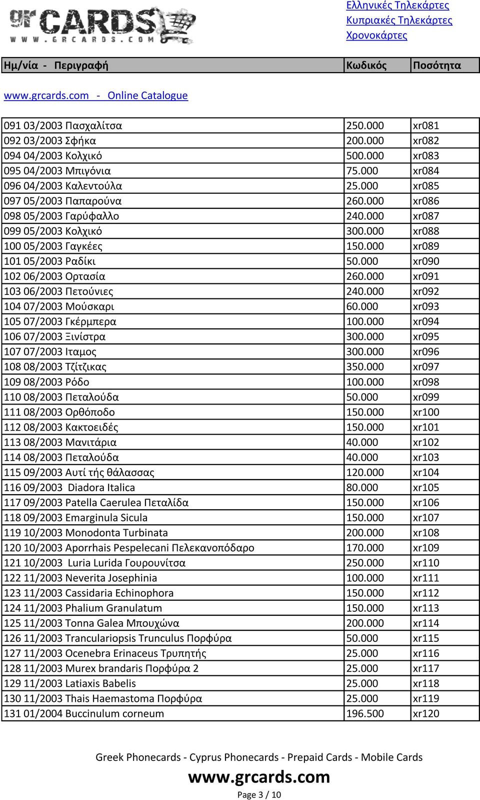 000 xr091 103 06/2003 Πετοφνιεσ 240.000 xr092 104 07/2003 Μοφςκαρι 60.000 xr093 105 07/2003 Γκζρμπερα 100.000 xr094 106 07/2003 Ξινίςτρα 300.000 xr095 107 07/2003 Ιταμοσ 300.