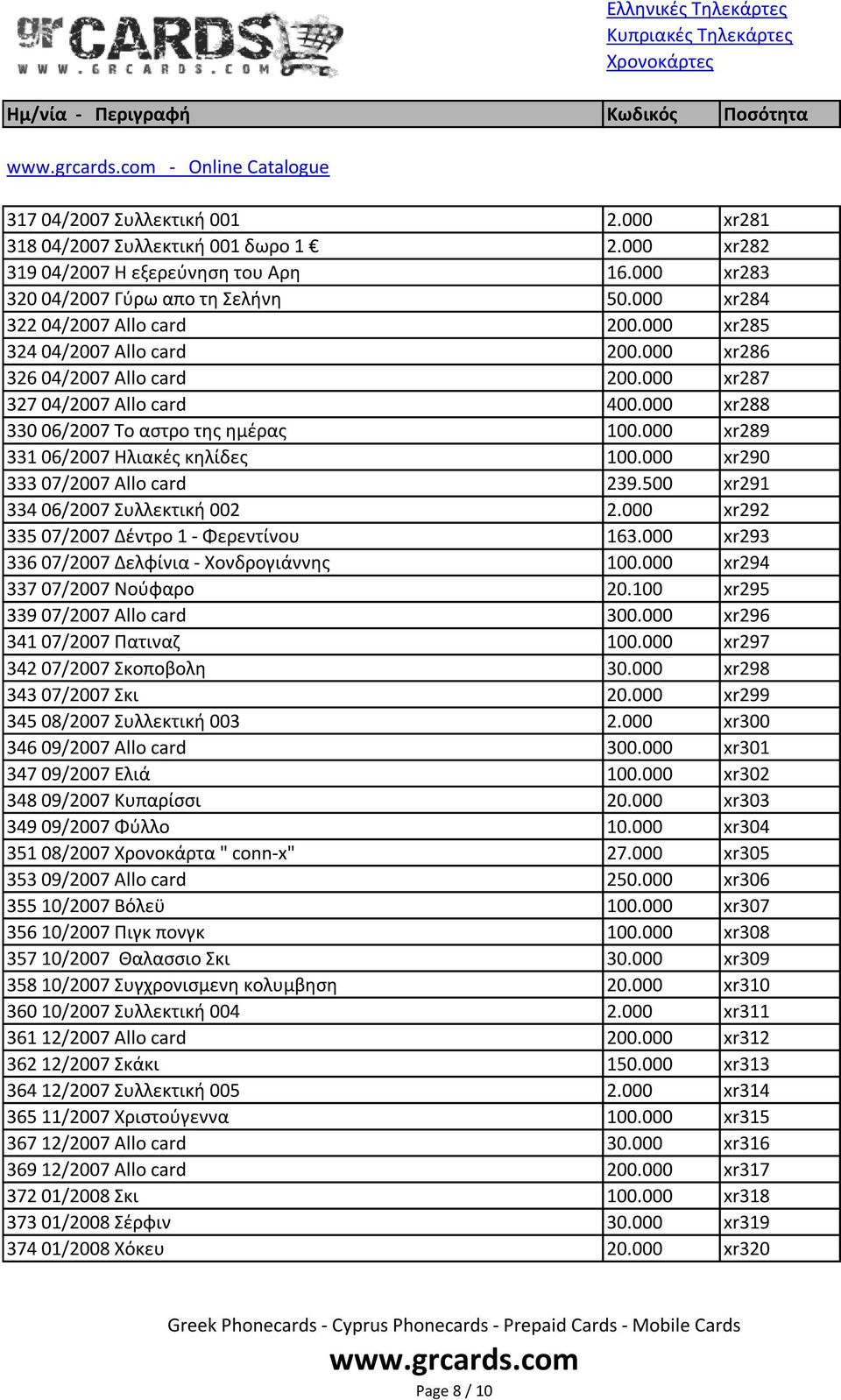 000 xr290 333 07/2007 Allo card 239.500 xr291 334 06/2007 υλλεκτικι 002 2.000 xr292 335 07/2007 Δζντρο 1 - Φερεντίνου 163.000 xr293 336 07/2007 Δελφίνια - Χονδρογιάννθσ 100.