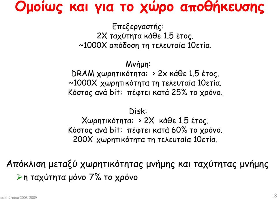 Κόστος ανά bit: πέφτει κατά 25% το χρόνο. Disk: Χωρητικότητα: > 2X κάθε 1.5 έτος.