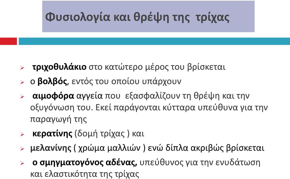 Εκεί παράγονται κύτταρα υπεύθυνα για την παραγωγή της κερατίνης (δομή τρίχας ) και μελανίνης (