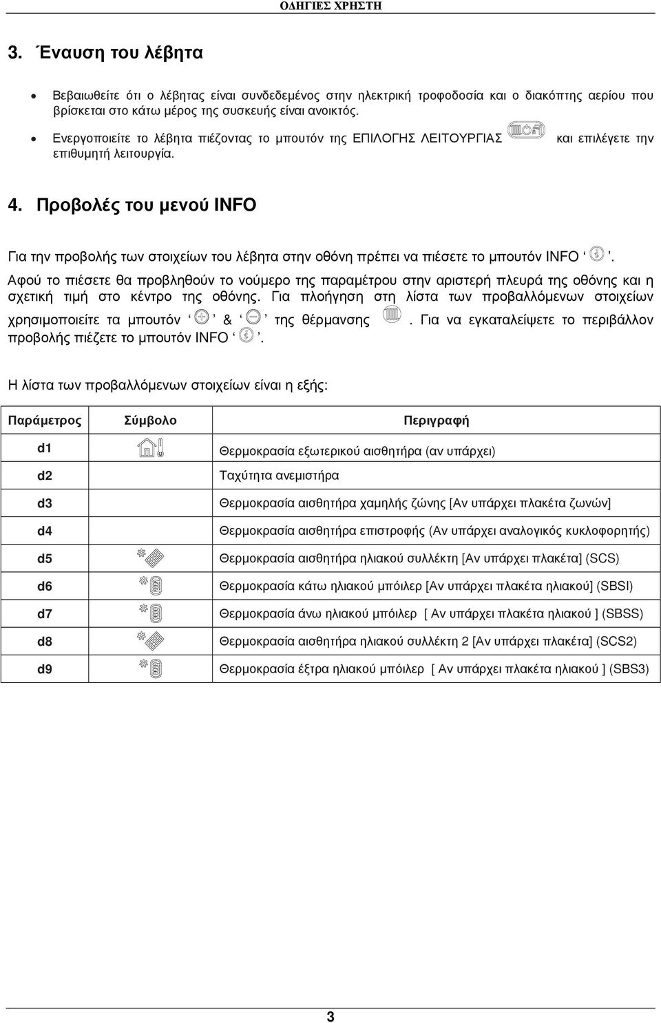 Προβολές του µενού INFO Για την προβολής των στοιχείων του λέβητα στην οθόνη πρέπει να πιέσετε το µπουτόν INFO.