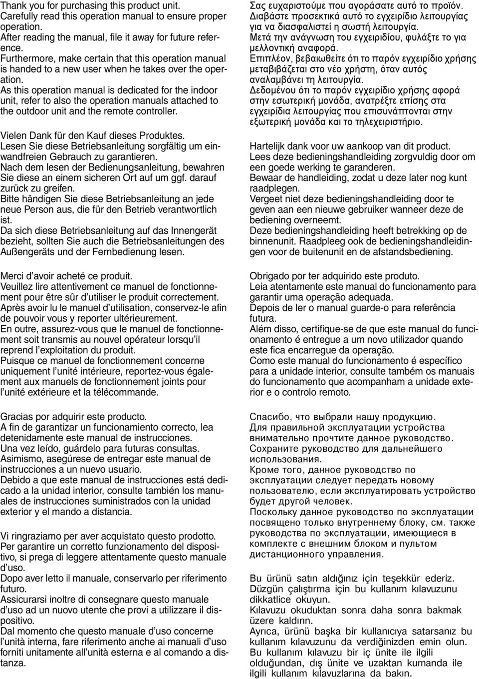 As this operation manual is dedicated for the indoor unit, refer to also the operation manuals attached to the outdoor unit and the remote controller. Vielen Dank für den Kauf dieses Produktes.