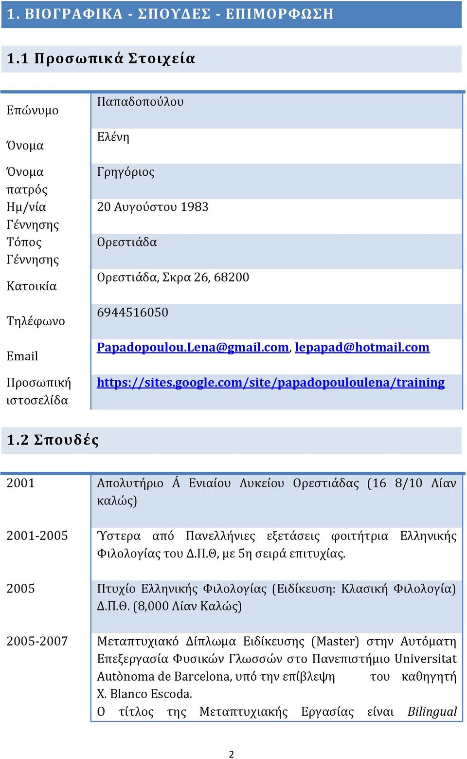 26, 68200 6944516050 Papadopoulou.Lena@gmail.com, lepapad@hotmail.com https://sites.google.com/site/papadopouloulena/training 1.