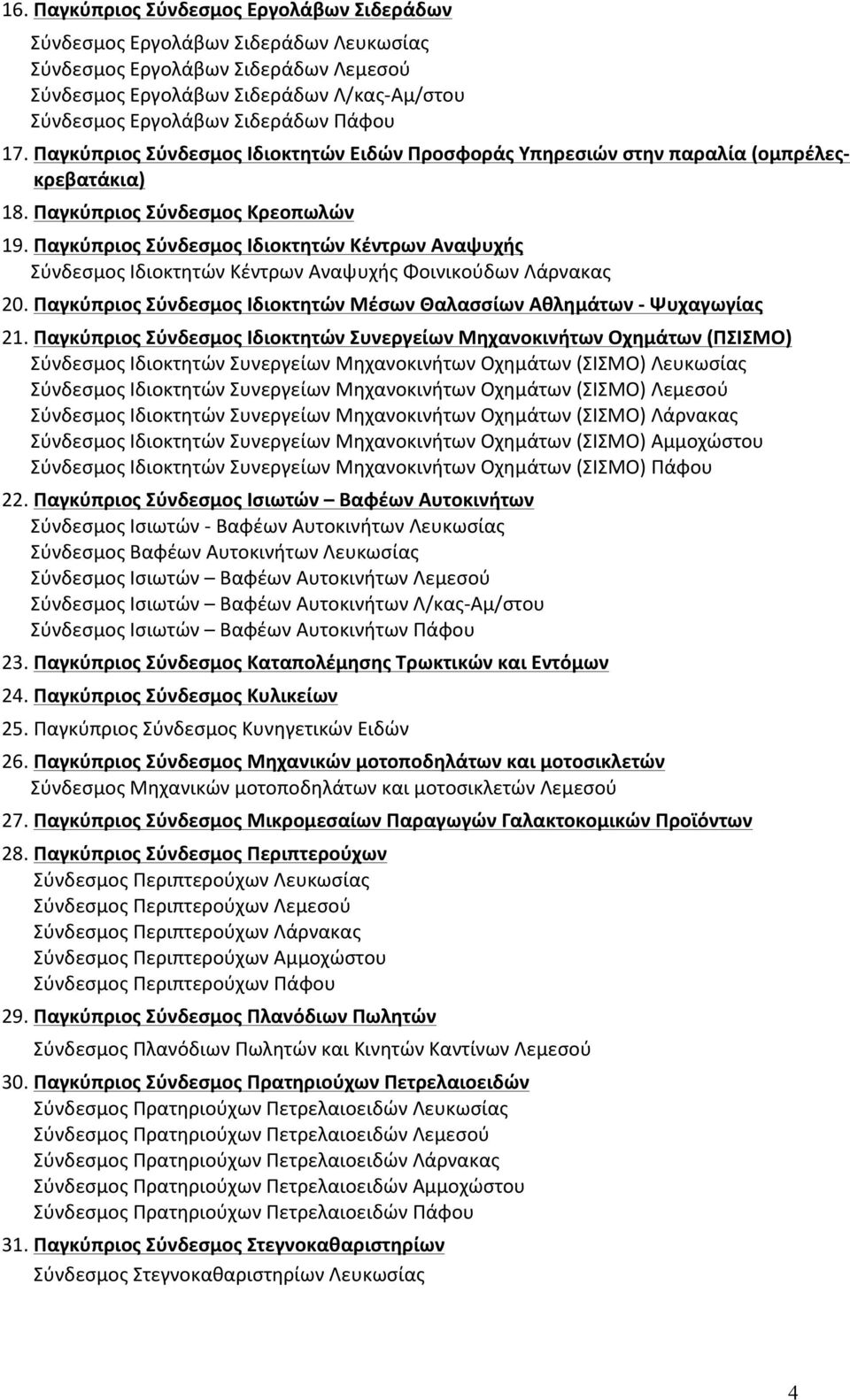 Παγκύπριος Σύνδεσμος Ιδιοκτητών Κέντρων Αναψυχής Σύνδεσμος Ιδιοκτητών Κέντρων Αναψυχής Φοινικούδων Λάρνακας 20. Παγκύπριος Σύνδεσμος Ιδιοκτητών Μέσων Θαλασσίων Αθλημάτων - Ψυχαγωγίας 21.