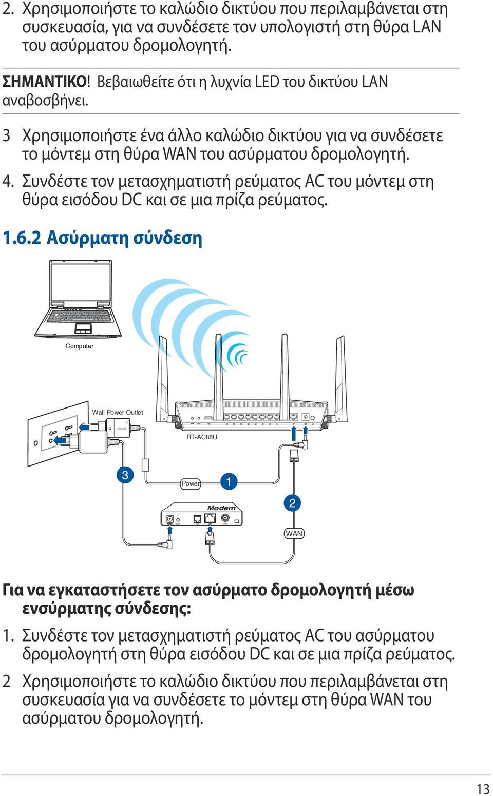 Συνδέστε τον μετασχηματιστή ρεύματος AC του μόντεμ στη θύρα εισόδου DC και σε μια πρίζα ρεύματος. 1.6.