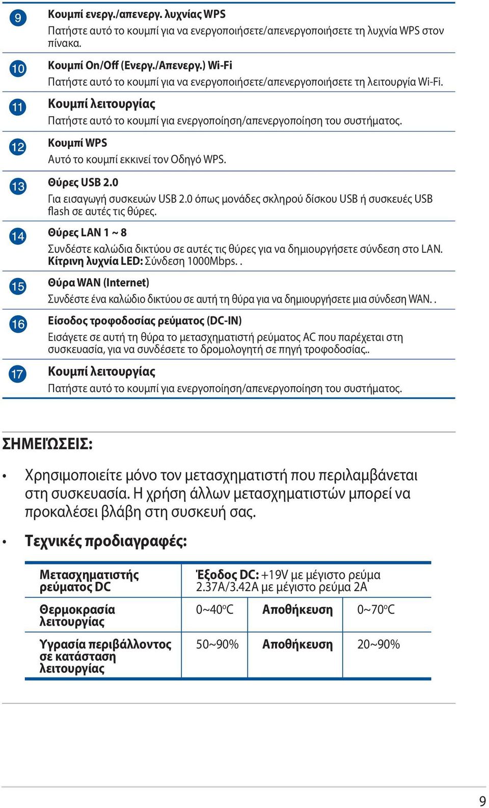 Κουμπί WPS Αυτό το κουμπί εκκινεί τον Οδηγό WPS. Θύρες USB 2.0 Για εισαγωγή συσκευών USB 2.0 όπως μονάδες σκληρού δίσκου USB ή συσκευές USB flash σε αυτές τις θύρες.